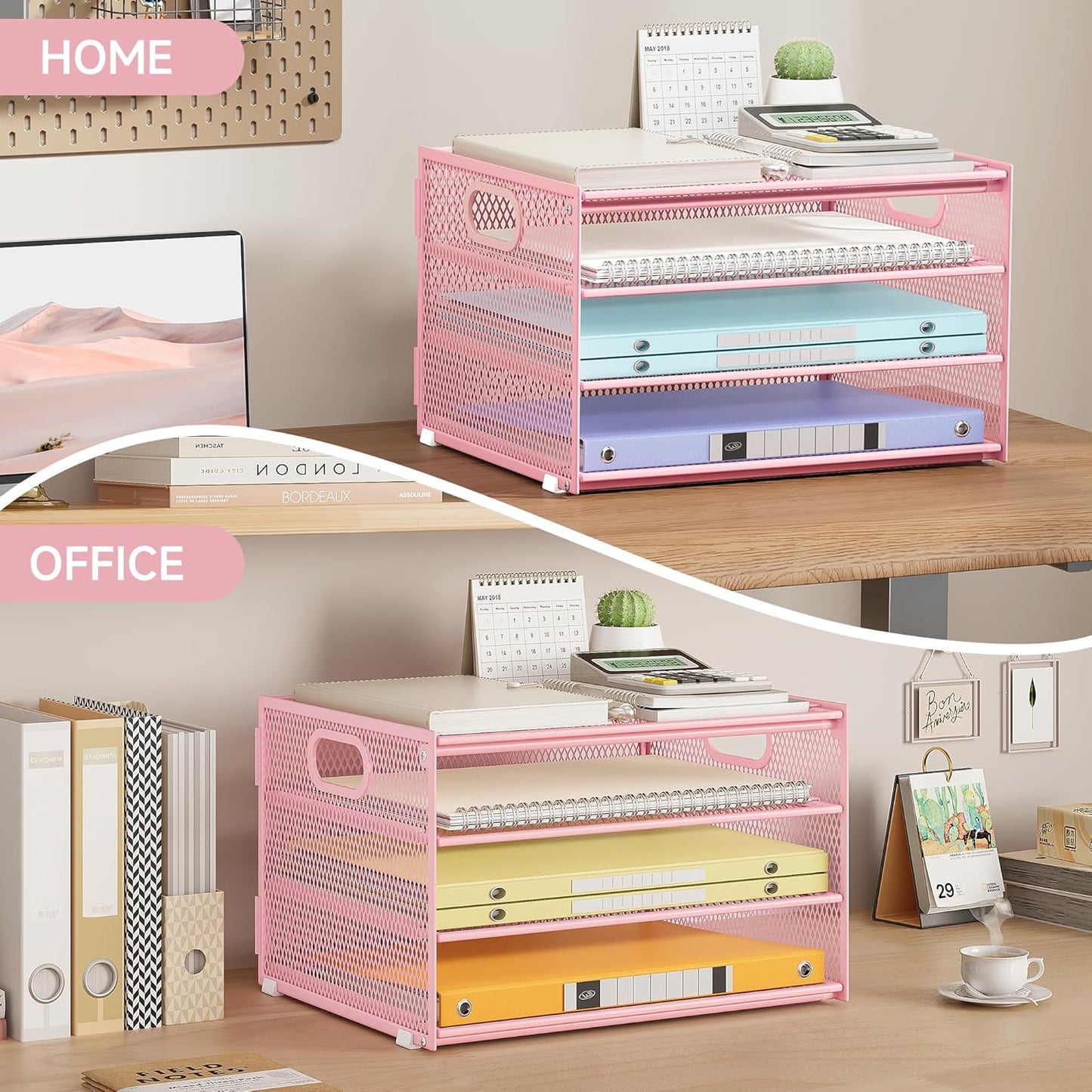 Subekyu Desk Organizer - Pink Metal Mesh Letter Tray with Handle & 2 Sliding Trays for Home Office