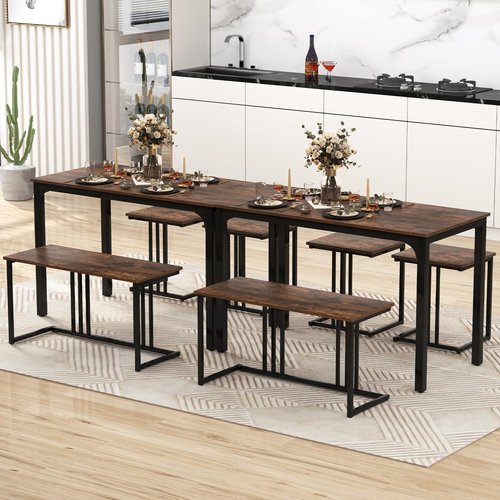 Giantex 4-Piece Dining Table Set for 4, Modern Kitchen Table and Chairs, Nesting Furniture Set with Bench & 2 Stools, Space-Saving Desk Set, Dinette Set for Small Place, Dining Room Restaurant (Brown)