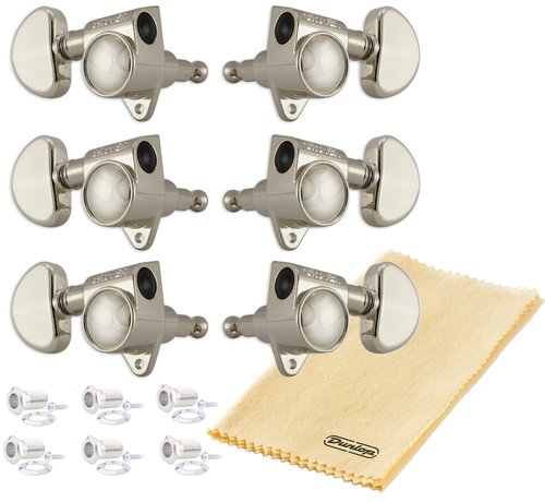 Grover 102N ROTOMATICS Guitar Tuners Tuning Machine Set 3+3 Nickel Keys Kidney Button 14:1 Gears for Acoustic or Electric with Tonebird Dunlop Polish Cloth Bundle
