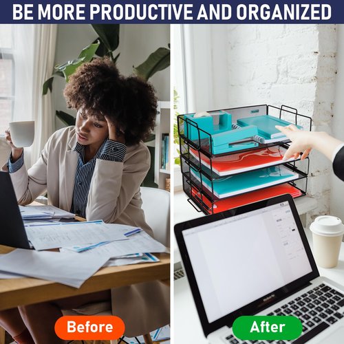 Stackable Paper Tray Desk Organizer, 4-Tier Metal Mesh Letter Organizers for Business, Home, School, or Store Use, Organizes Files, Folders, Letters, Paper, Binders, Multi-Functional Desktop Storage
