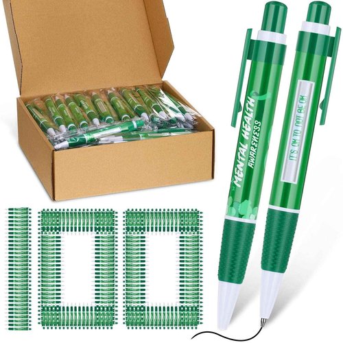 100 Pcs Mental Health Awareness Items Green Ribbon Message Pens World Mental Health Day Retractable Ballpoint Pen for School Nonprofit Organization Charity Classroom Supply Kid Gift 1.0 mm Black Ink