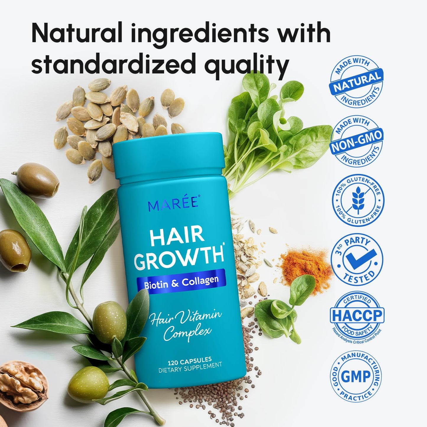 MAREE Hair Growth Vitamins - Faster Thicker Hair Growth Products - Biotin & Collagen Complex Hair Growth Supplements - Hair Vitamins for Hair Loss for Women & Men - Vitaminas Para El Cabello 120 Pills