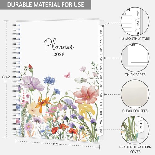 2026 Planner, Weekly ＆ Monthly Planner 2026, Jan 2026 – Dec 2026, 6.2" x 8.42", Flexible Cover, 12 Monthly Tabs, Thick Paper, Spiral Wirebound, Inner Pocket, Watercolor Flowers