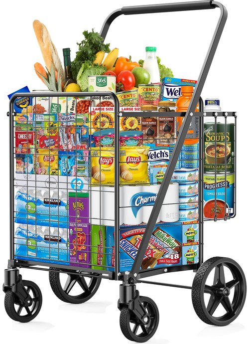 450lbs Capacity Shopping Cart,Upgrade Huge Grocery Cart on Wheels,Heavy Duty Foldable Utility Shopping Carts with Double Basket and 360° Rolling Swivel Wheels for Groceries Laundry Transport 1