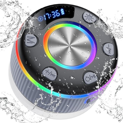 Bluetooth Shower Speaker, IP7 Waterproof Portable Bluetooth 5.3 Speakers with Suction Cup, Mini Wireless Speaker with RGB Lights Time Display, Loud Stereo Sound for Bathroom Beach Outdoor Party, Gray