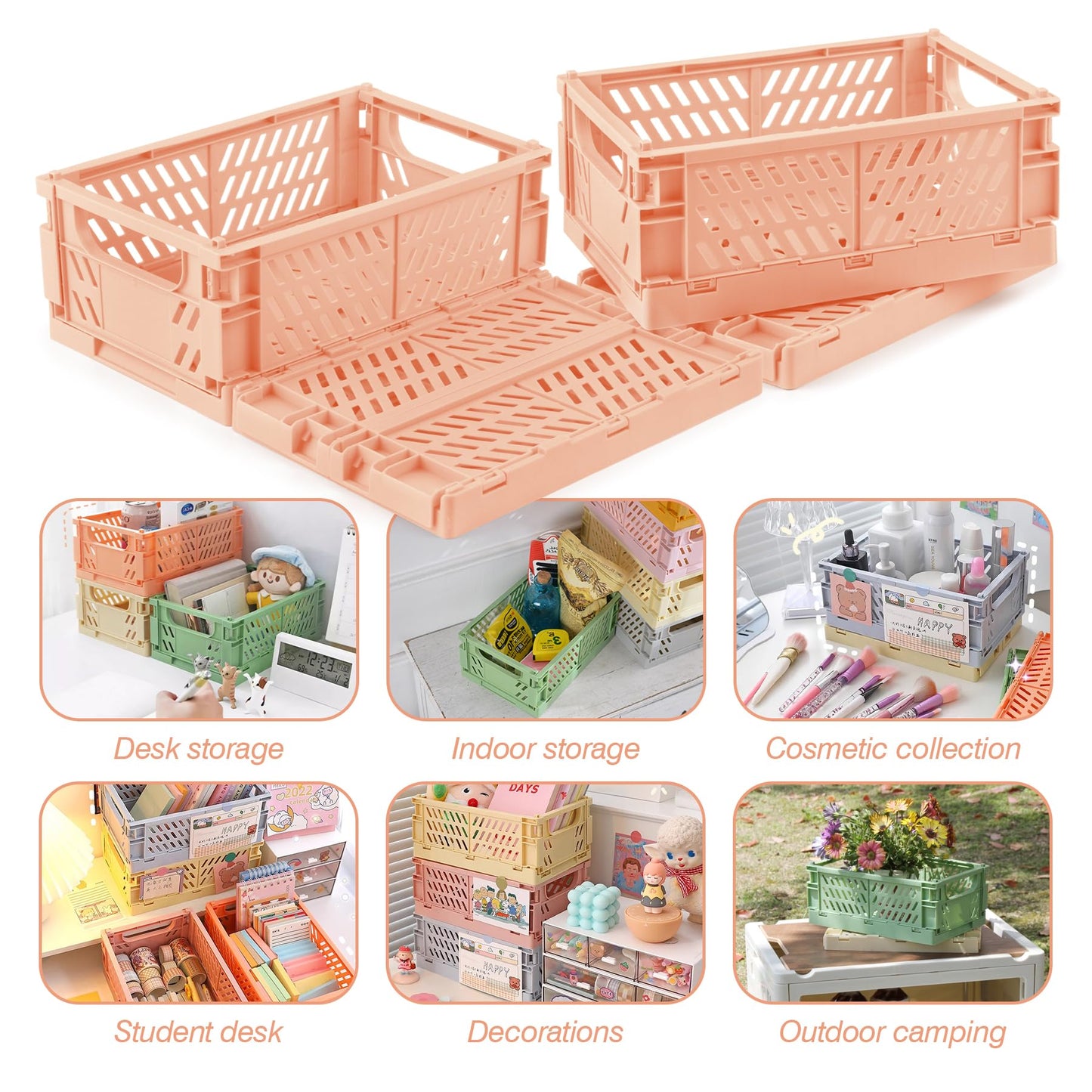 HOYA PONYOO 4 Pcs Collapsible Storage Crates, 10x5.9x4 inches Space-Saving Folding Containers, Stackable Plastic Boxes for Home Kitchen Office Bedroom Bathroom, Light Orange