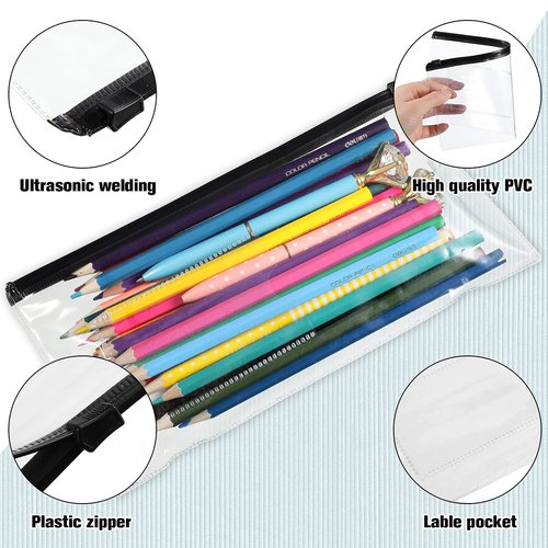 Marspark 100 Pieces Clear Pencil Case Zipper Envelope Bulk with Label Pocket Clear Plastic Envelopes with Zippered, A6 Pencil Bags for Cash, School Office Supplies, 9.2 x 4.7 Inches(Black)
