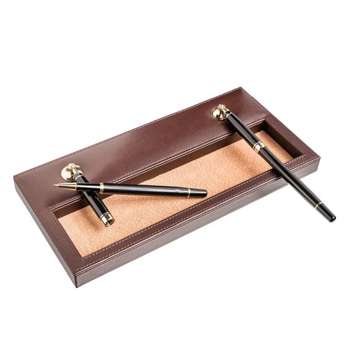 Dacasso Chocolate Brown Leather Double Gold Accents Pen Stand