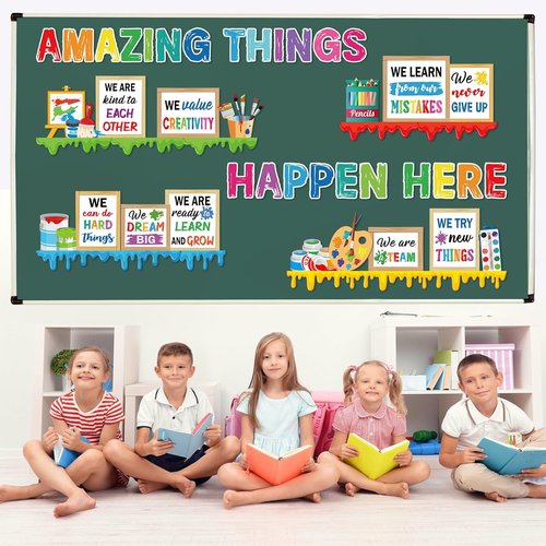 Qilery Art Theme Bulletin Board Set - Colorful Growth Mindset Paint Splatter Cutouts | Motivational Classroom Decor
