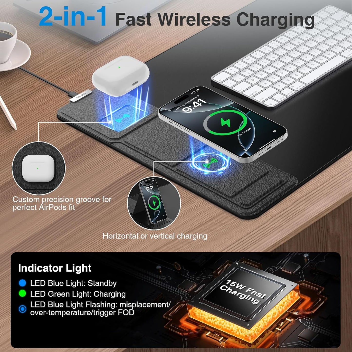 Wireless Charging Mouse Pad - Foldable Phone Holder | Large 31.5"x15.8" Desk Mat, Waterproof & Non-Slip, Black