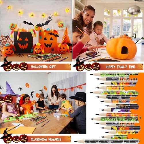 Hicarer 400 Pcs Halloween Pencils Bulk, Cute Wooden Pencils with Eraser Various Assorted Patterns Holiday Stationery Pumpkin Ghost Black Cat Halloween Party Favors Kids Office School Supplies