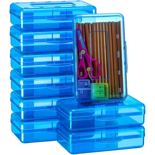 Thyle 36 Pcs Plastic Pencil Box Stackable Clear Pencil Case with Lid Snap Closure Bulk Hard Plastic School Box Large Capacity Storage Organizer Pen Holders for Kids Adult Student(Blue)