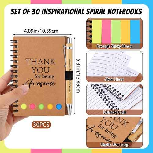 30 Sets Employee Appreciation Gifts Bulk Inspirational Spiral Notebooks with Sticky Notes Motivational Journals Ballpoint Pens Thank You Gifts for Teacher Nurse Coworker (30, Thank)