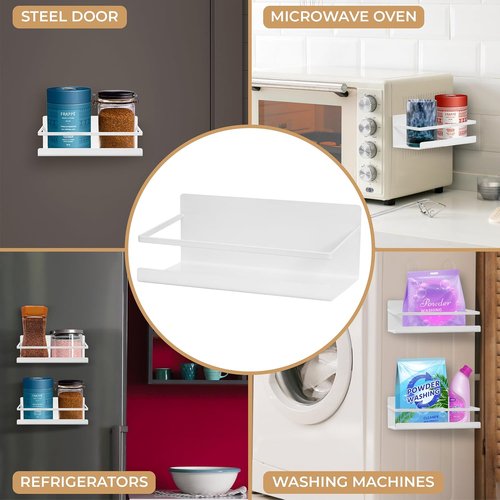 NHZ Magnetic Spice Rack - Space-Saving Magnetic Shelf for Refrigerator | Extra Strong Magnets (2 Pack, White)