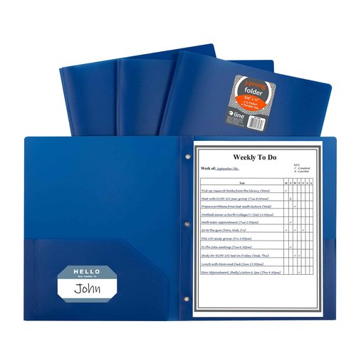 C-Line Two-Pocket Heavyweight Poly Portfolio with Prongs, For Letter Size Papers, Includes Business Card Slot, 1 Case of 25 Portfolios, Blue (33965-25)