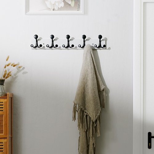 SKOLOO 24-Inch White Wood Coat Rack Wall Mount with 5 Triple Hooks - Ideal for Family Entrances, Classrooms, and Pet Supplies Storage - Perfect Coat Hooks for Wall