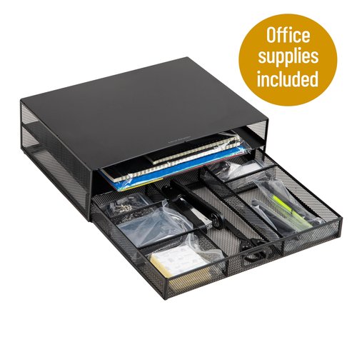 Mind Reader Back to School All in One Bundle for College and Office Monitor Stand with 25 Pc. Supplies included, Storage, Metal, 15.75"L x 11.75"W x 4.5"H, Black