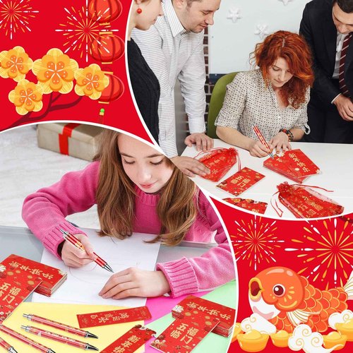 Moinchore 200 Pcs Chinese Lunar New Year Gift Set Includes Notebooks Bookmarks Ballpoint Pens Red Organza Bags Suitable for 2025 New Year Gifts School Office