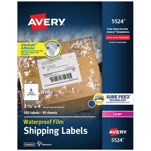 Avery Waterproof Printable Shipping Labels with Sure Feed, 3-1/3" x 4", White, 300 Blank Mailing Labels (5524)