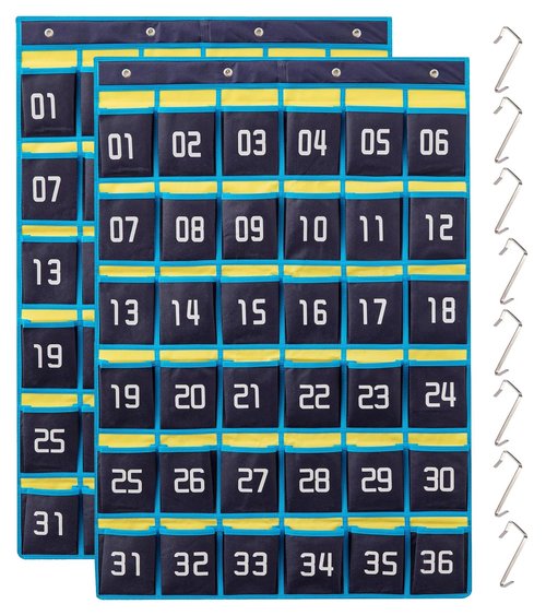 HBlife 2PCS Numbered Classroom Organizer Pocket Chart Cell Phones Holder Wall Door Hanging Storage Bag (Blue, 36 Pocket-2 Pack)