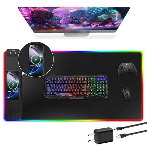 Mouse Pad with Wireless Charging, RGB Gaming Mousepad, Large Desk Mat with Ultra-Smooth Surface, Non-Slip Mouse Mat, Waterproof Computer Keyboard Pad with 18W QC Power Adapter, 800x400x4MM, Black