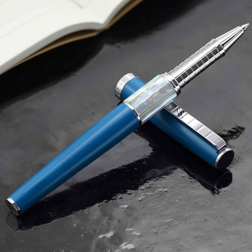 Xezo Speed Master Fine Rollerball Pen. Matte Lapis Blue with White Mother of Pearl. Chrome Plated. Lightweight Brass Body. No Two Alike. Etched With a Serial Number