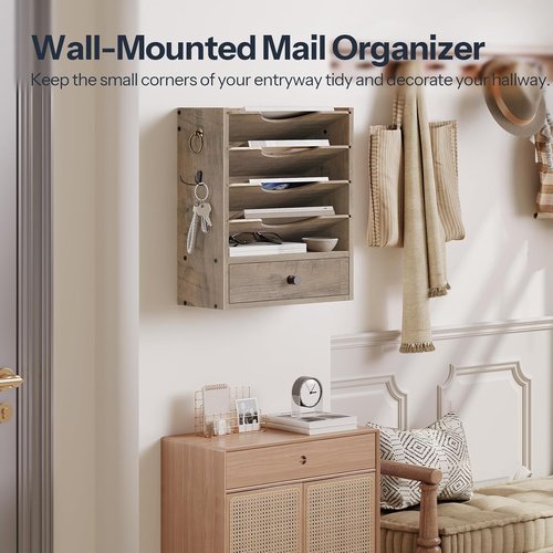 HOOBRO Wall File Organizer - Stylish Wooden Mail Sorter with Drawer Storage & Hooks | Greige Finish