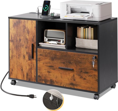 DEVAISE File Cabinet - Rolling 1 Drawer with Charging Station & Locking Feature | Rustic Brown