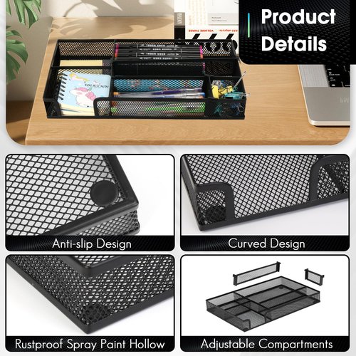 1 PC Desk Drawer Organizer, 4 to 6 Grid Office Drawer Divider with 2 Adjustable Compartments, Metal Mesh Desktop Organization for Stationery Makeup Kitchen Toolroom School &Office, 12.6x8.26x1.57 in