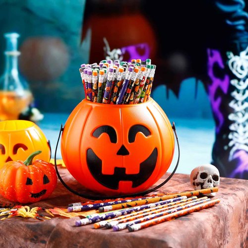 Crtiin 840 Pieces Halloween Pencils with Eraser Colorful Pencils Halloween Themed Pencil Novelty Ghost Pumpkin Skeleton Bat Spider Wood Pencils with Eraser Tops for Halloween Party Supplies