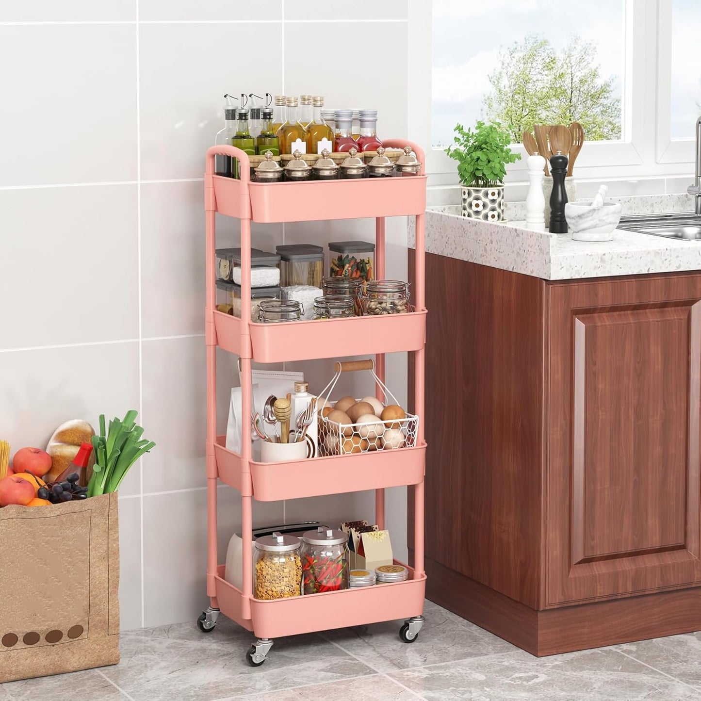 Sywhitta 4-Tier Rolling Utility Cart - Multi-Functional Storage Trolley with Handle, Pink