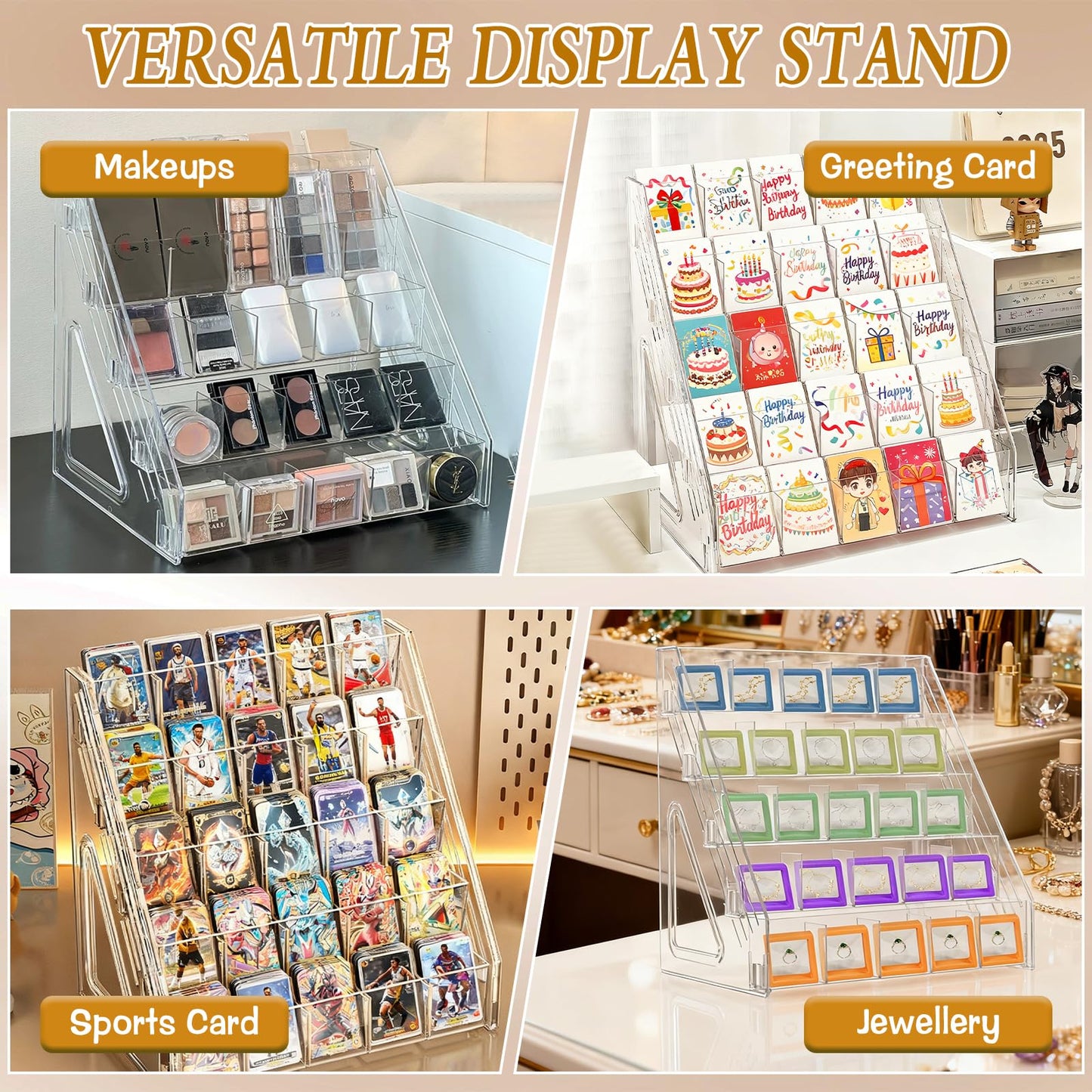 HFYZZ 2 Pcs Acrylic Bookmark Display Stand, 5 Tier Clear Bookmark Riser with 25 Compartments for 2. 5'' Bookmarks, Portable Sticker Holder Greeting Card Display for Business Vendor Retail Store Shop