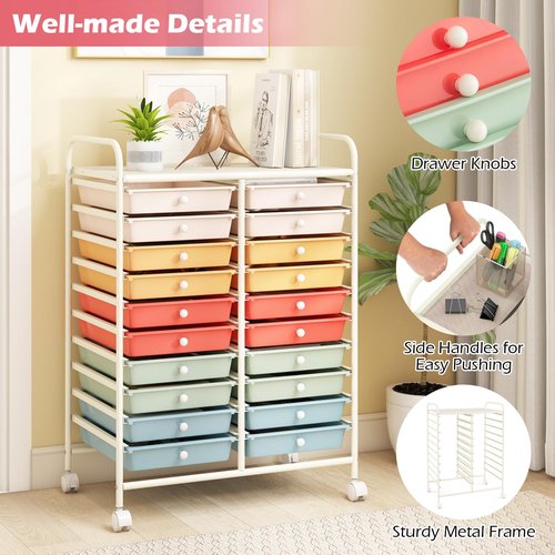 Happygrill 20-Drawer Organizer Cart Tools, Mobile Utility Storage Cart with Removable Drawers & Lockable Wheels, Rolling Storage Cart with wheels for Home Office School (Macaron)