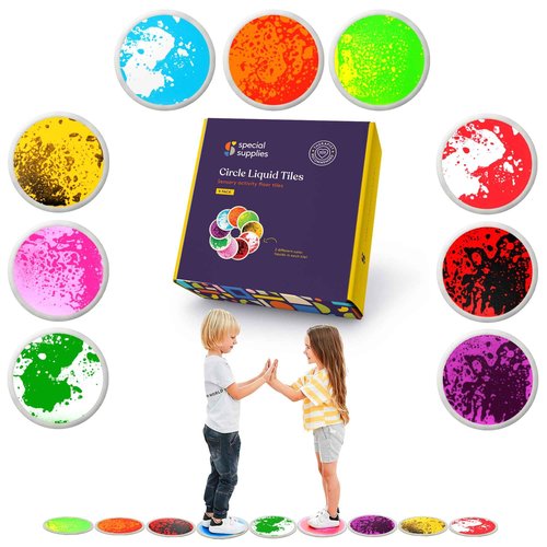 Special Supplies Circle Floor Liquid Tiles for Kids, Set of 9, Colorful Early Learning Activity Mats for Toddlers and Children, Anti-Slip Backing for Active Play, Dance, and Games