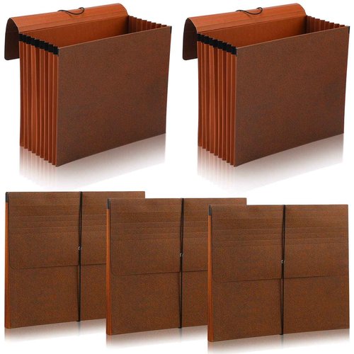 PerKoop 5 Pcs Expanding File Folder with Flap 7 Inch Expansion Expanding File Wallet with Elastic Cord Closure Letter Size Heavy Duty Document Organizer, 10 Slots, Brown