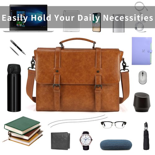 Mens Messenger Bag Vintage 15.6 Inch Waterproof Leather Laptop Briefcase Large Satchel Shoulder Bag Retro Office College Computer Bag, Brown