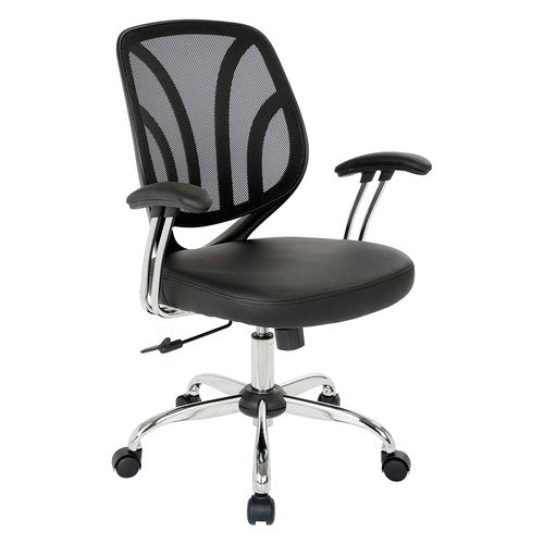 Office Star Breathable Screen Back Office Chair with Padded Faux Leather Seat and Chrome Finishes, Black