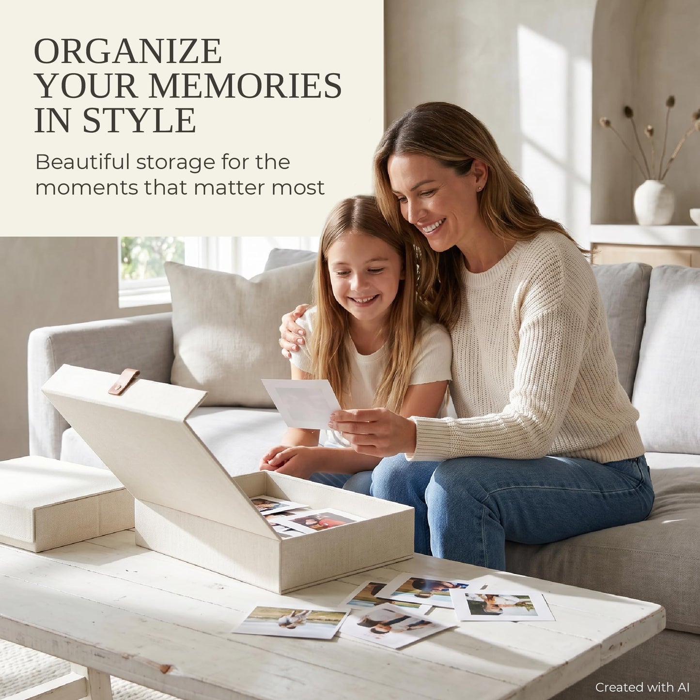 Decorative Photo Storage Boxes with Lids - Set of 2 Beautiful Linen Organizers Are Perfect to Safely Store Your Pictures, Documents, Scrapbooking Supplies, Keepsakes and Other Memories in Style