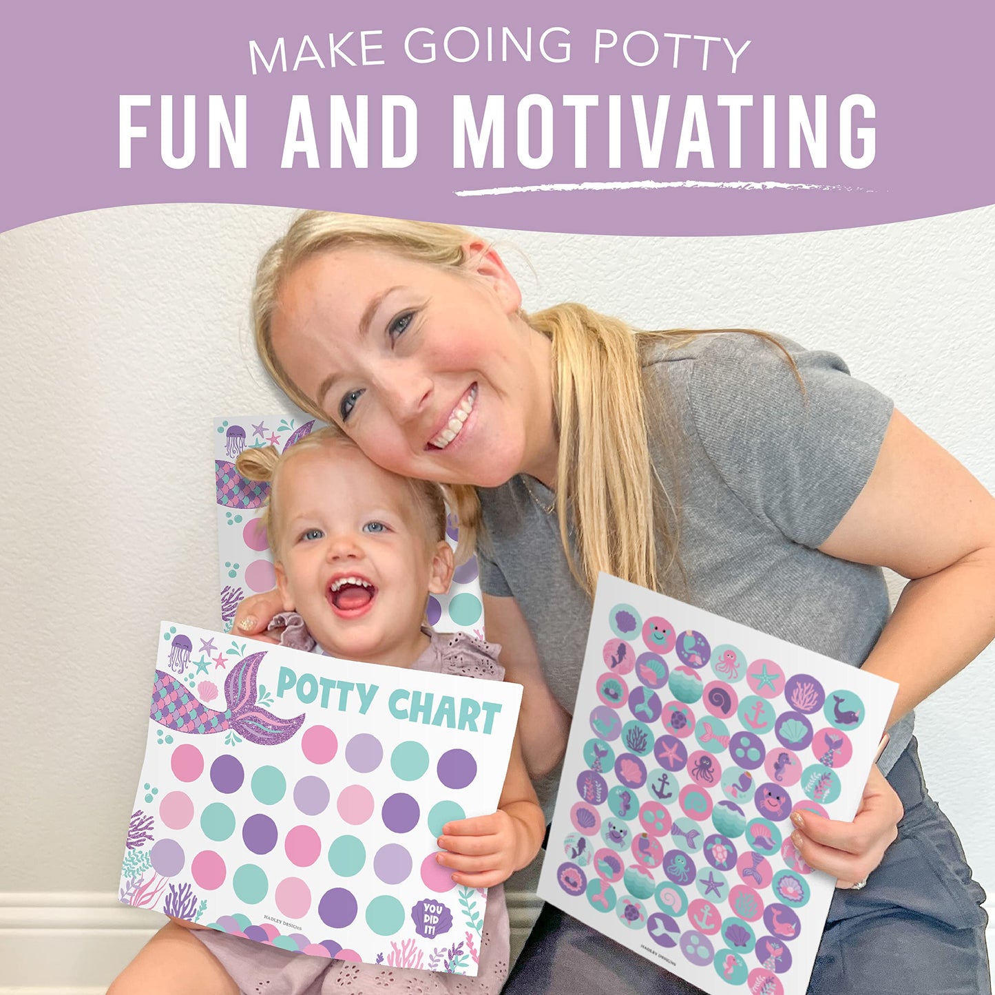 Hadley Designs Potty Training Chart for Toddlers Girls -10 Sticker Potty Chart for Toddlers Girls, 8.5x11" Potty Training Sticker Charts for Toilet Success, Mermaid Toddler Reward Chart for Kids