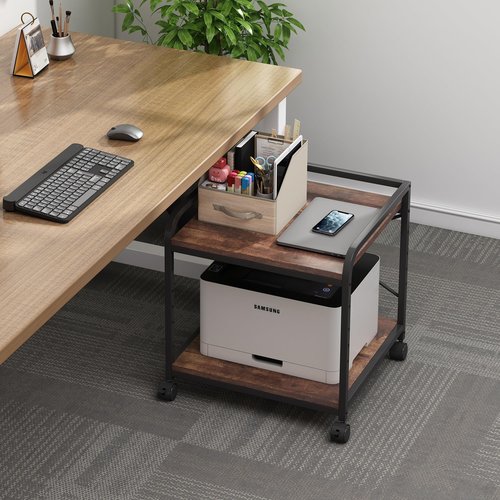 Fannova Under Desk Printer Stand, 20 Inches Deep Large Printer Table with Height Adjustable Storage Shelf, 2 Tier Rolling Printer Cart with Wheels for Home Office - Rustic Brown