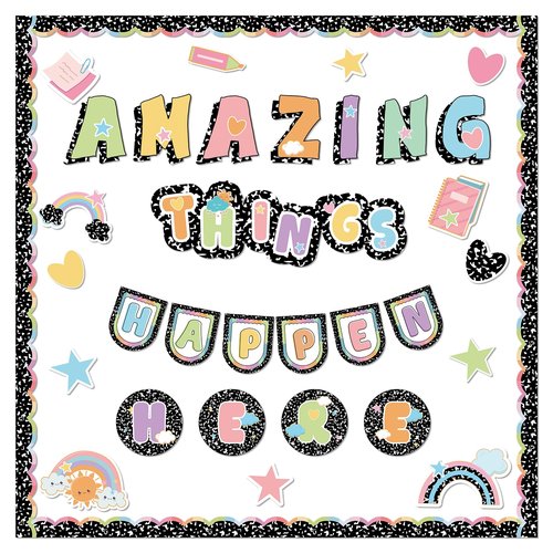 53Pcs Composition Classroom Bulletin Board Decor Girl Style Amazing Things Happen Here Positive Cutouts Inspirational Back to School Bulletin Board Sets for Teacher Students Office Home Wall Supply