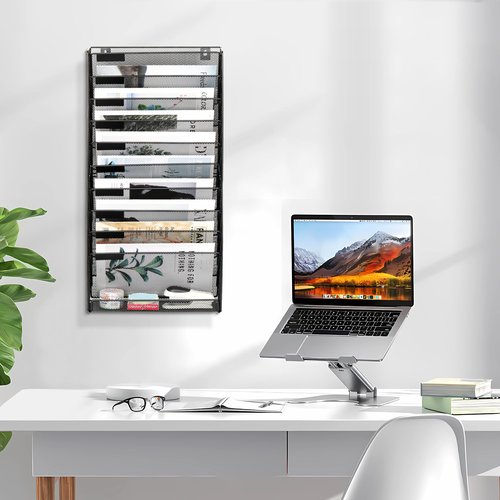 EasyPAG 11 Tier Wall File Holder with Flat Tray, Black | Easy Assemble Mesh Desk File Organizer | 10-Folder Paper Storage | Replaceable Classify Labels | Space Saving Mail Organizer for Office Home