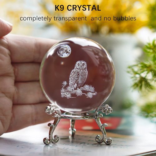HDCRYSTALGIFTS 60mm 3D Laser Crystal Ball Paperweight OWL Figurines Glass Sphere Decorative Balls with Stand Gift