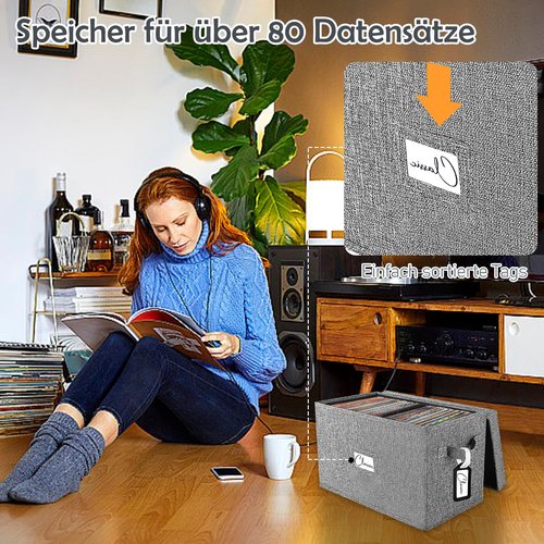 Vinyl Record Storage Box for 7"/45 RPM LPs, Grey Case with Lid Holds up to 80 Albums, CD Crate Play Music Collection Holder, Collapsible File Folder Cabinet Organizer with Handle