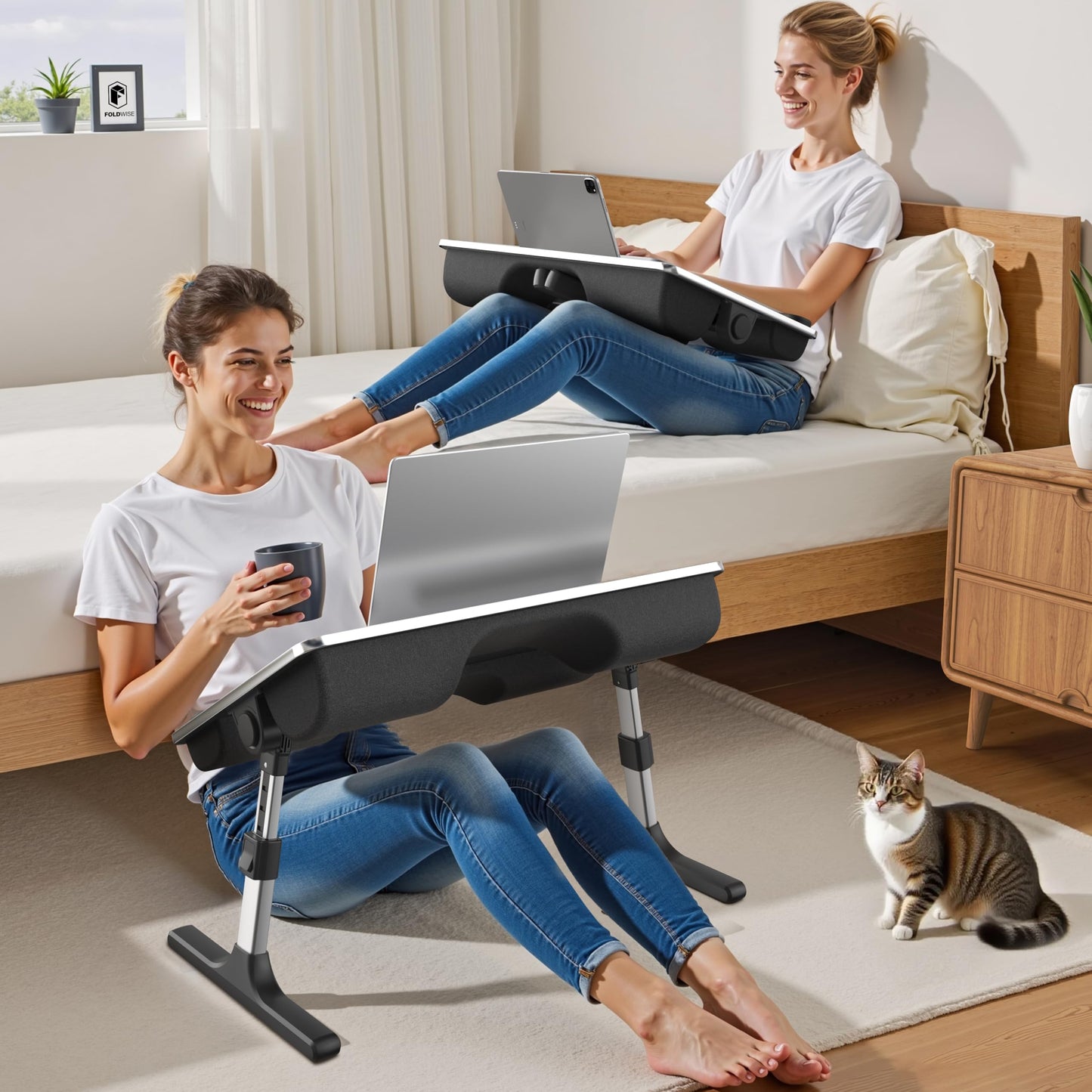 FoldWise 2-in-1 Lap & Bed Desk with Soft Cushions - Adjustable Height & Angle, Foldable Laptop Stand for Bed & Couch - Wrist Rest, iPad Holder, Stopper & Non-Slip Leather - Bed Table for Adults & Kids