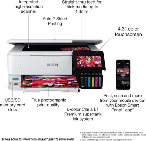 Epson EcoTank Photo ET-8500 Wireless All-in-One Printer - Color Touchscreen, Scanner & Copier - White