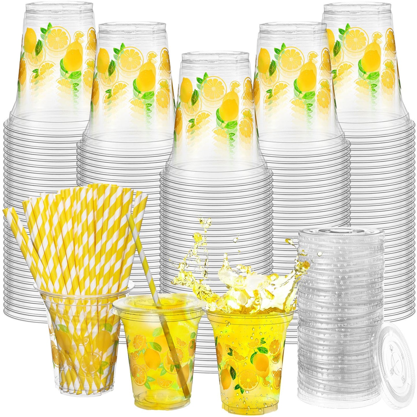Umigy 100 Pack Plastic Disposable Cups with Lids and Straws 12 oz Disposable Cups for Juice Water Coffee Summer Party Sports Party Supplies(Lemonade)
