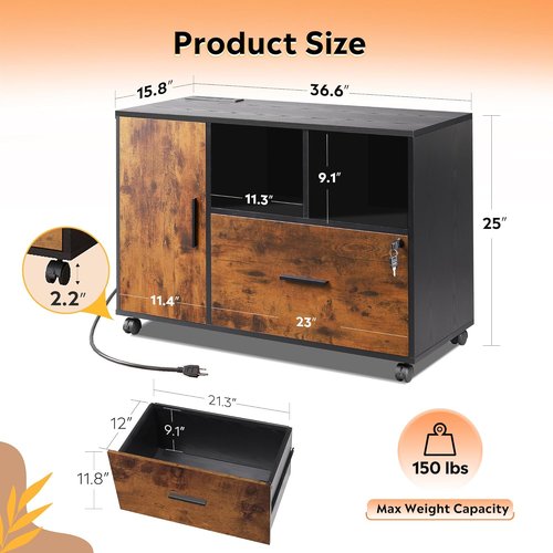 DEVAISE File Cabinet - Rolling 1 Drawer with Charging Station & Locking Feature | Rustic Brown