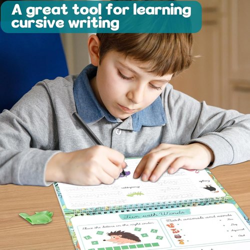 Gisgfim Grooved Cursive Handwriting Workbook - Reusable Guided Tracing for Kids | Includes Disappearing Ink Pens