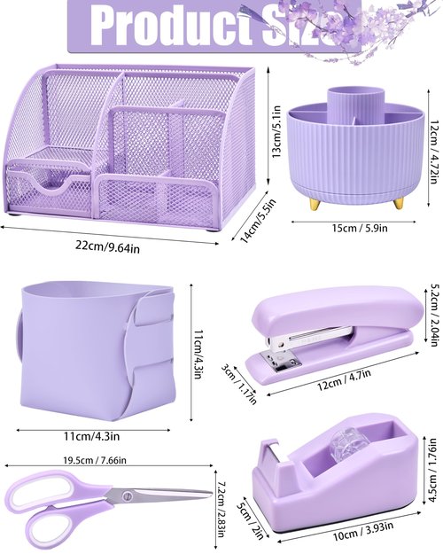 LXEVIHK Purple Desk Organizers and Accessories With Mesh Desk Organizer and 360°Rotating Pen Holder and a Lot of Office Purple Office Supplies Beautifully Presented in a Gift Box, Back to School